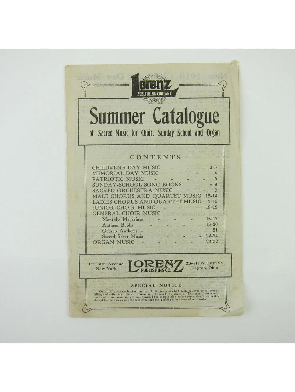 Sheet Music Catalog Sacred Choir Sunday School Lorenz Publishing Co Antique 1910